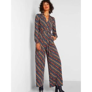 Modcloth Everything & More Green Retro Floral wide leg Jumpsuit L